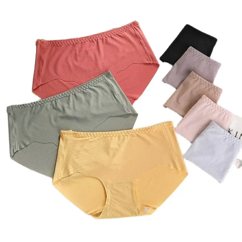 Fashion Ice Silk Women Panties Cozy Breathable Briefs Mid Waist Lingerie Solid Female Underwear Ultra-thin Pink Lady Underpants