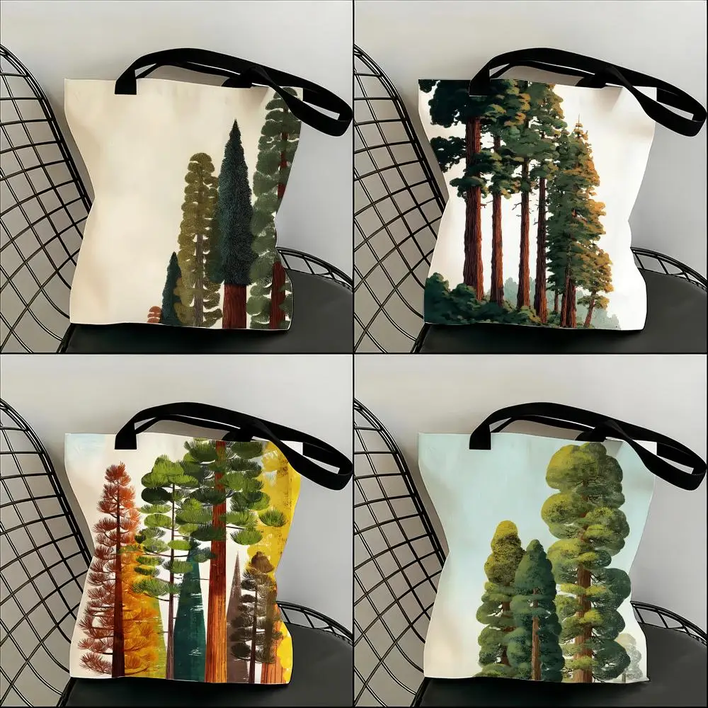 

Cartoon Healing Trees and Forests Storage Bags Lightweight Canvas Shoulder Shopper Fashionable Eco Multi Use Tote with Large Cap