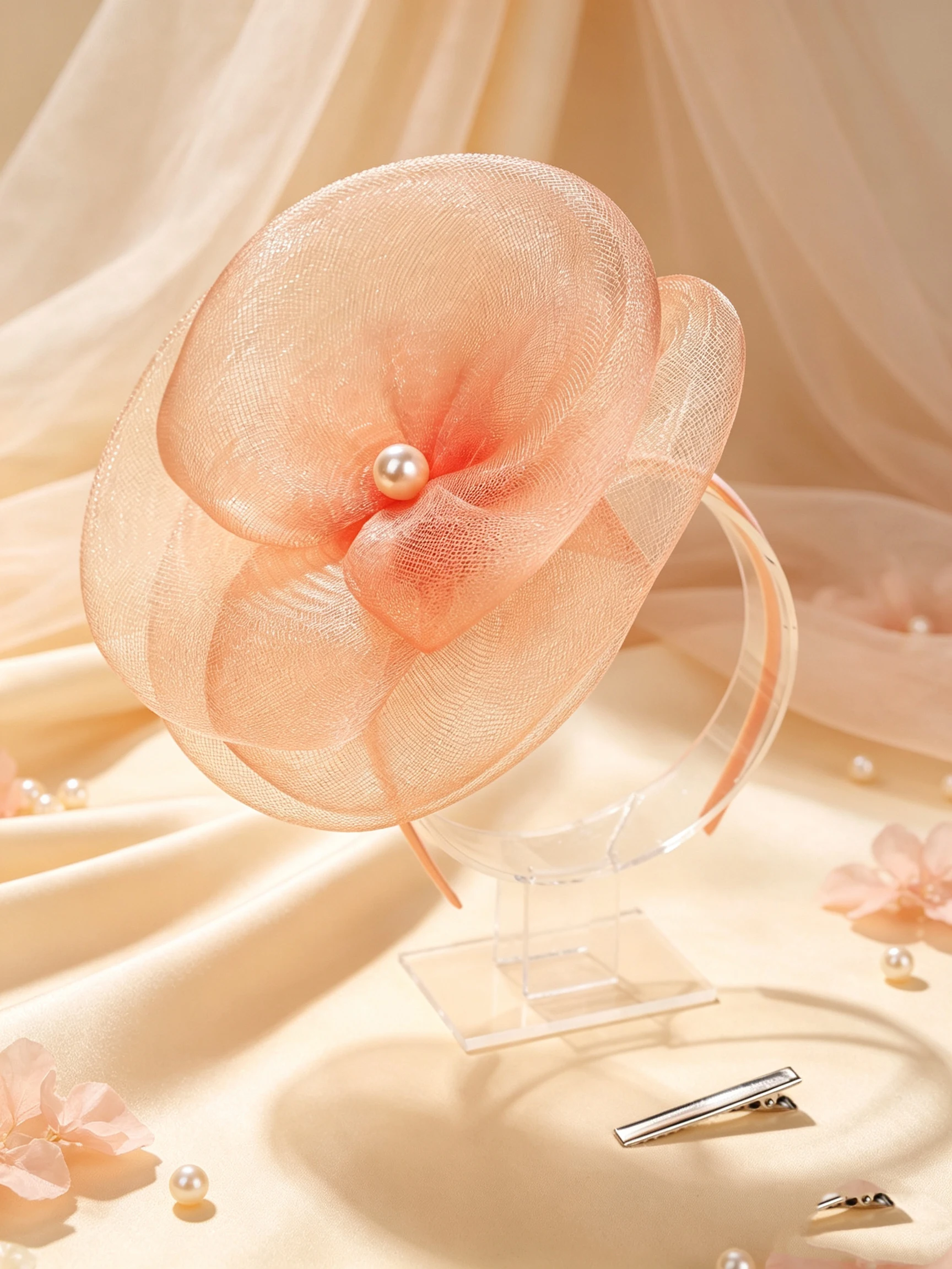 Elegant British-style mesh flower hat with pearl decoration, horse racing club headpiece, European and American banquet bridal party hair accessory