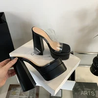 M Silver Squre Tote Heel with high Platform Solid Colored Fashionable Waterproof Summer Slippers Flat Transparent Strap Sandals - Image 3