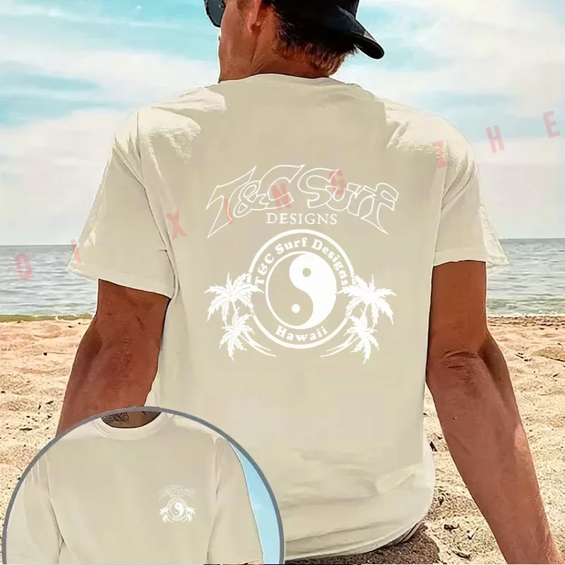 Yin Yang Tai Chi Palm Tree Surfing Style Motorcycle T-Shirt Cotton Double-Sided Print Men Short Sleeve Summer Casual Tops Tee 3