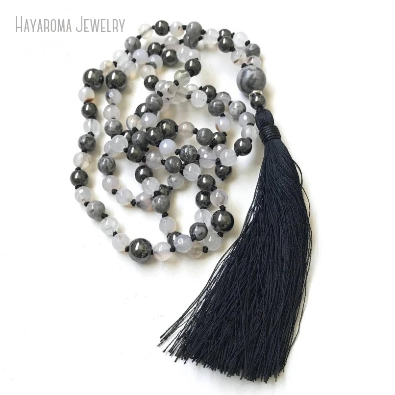 10Pcs Root Chakra Mala Hematite Jaspers Quartz Agates Mala Necklace Black Silk Tassel 108 Bead Mala Bead For Meditation