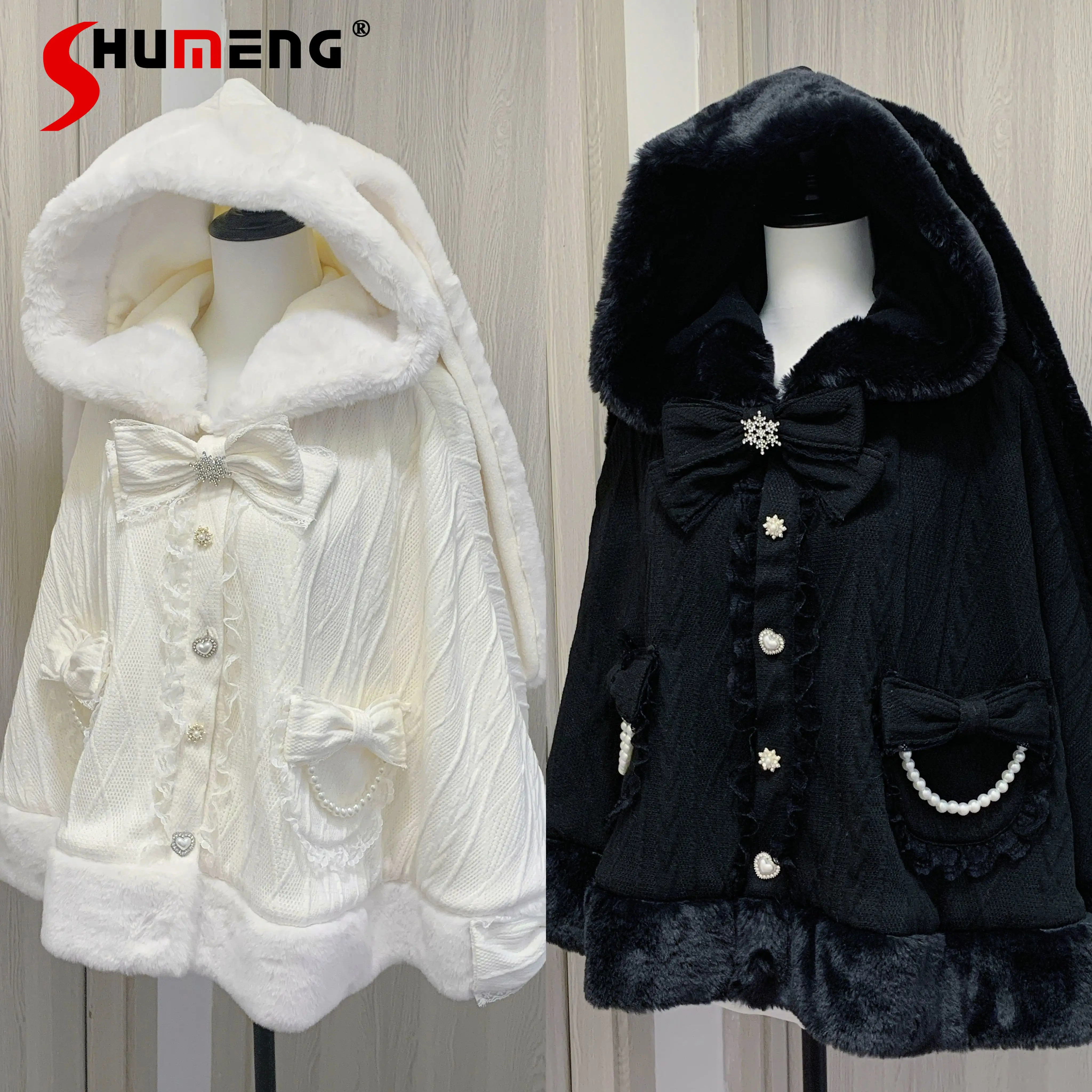 Japanese Mine Style Mass-produced Sweet Lolita Cape Bow Pearl Single-breasted Rabbit Ear Hooded Fleece Cloak Jacket Women Winter