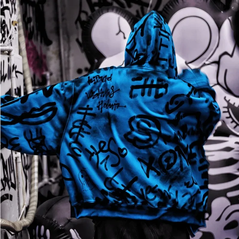 2024 Nowa bluza z kapturem na zamek błyskawiczny dla mężczyzn i kobiet High Street Do Old Graffiti Print Sweatshirt Fashions Loose Couple Casual Cardigan Jacket