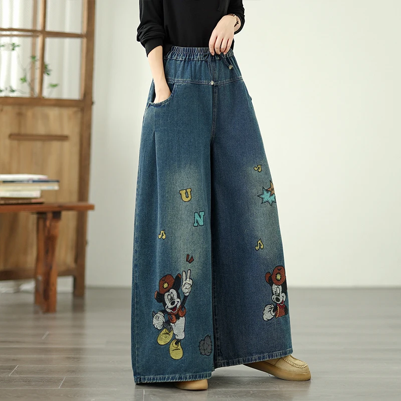 

Мягкие джинсовые широкие брюки в стиле ретро с тяжелой вышивкой и эластичной резинкой на талии, повседневные свободные джинсы больших размеров, синие джинсы для женщин, осенний сезон