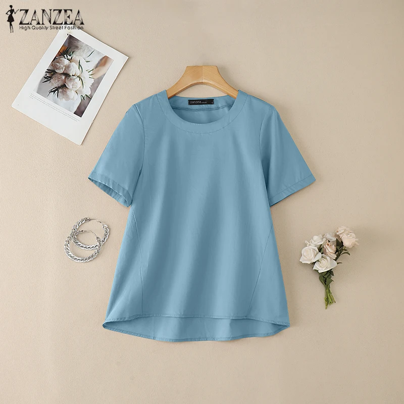 

ZANZEA 2026 Летняя блузка женская с коротким рукавом, повседневная однотонная хлопковая рубашка, элегантная офисная блузка, женская туника оверсайз