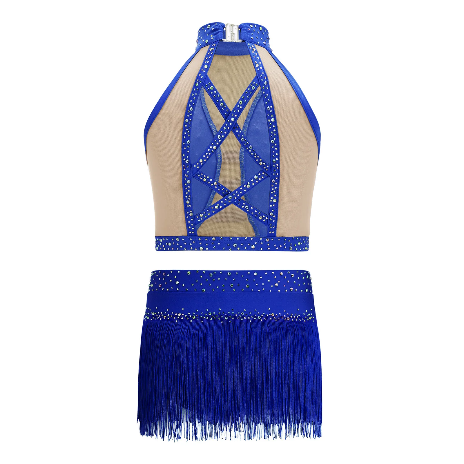 

Latin Dance Set Girls Halter Sleeveless Mesh Rhinestones Crop Top with Tassel Briefs Skirt Cha Cha Samba Performance Costume