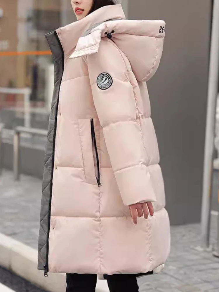 Neu in der Winter-Daunen-Baumwolljacke für Damen, warme, verdickte, mit Baumwolle gefütterte Jacke, koreanische, lockere Parkas in Übergröße, langer Mantel