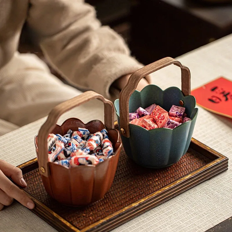 Ceramic Vintage Fruit Basket Snack Candy Storage Box Handheld Creative High Beauty Tea Pastry Plate Kitchen Storage Container
