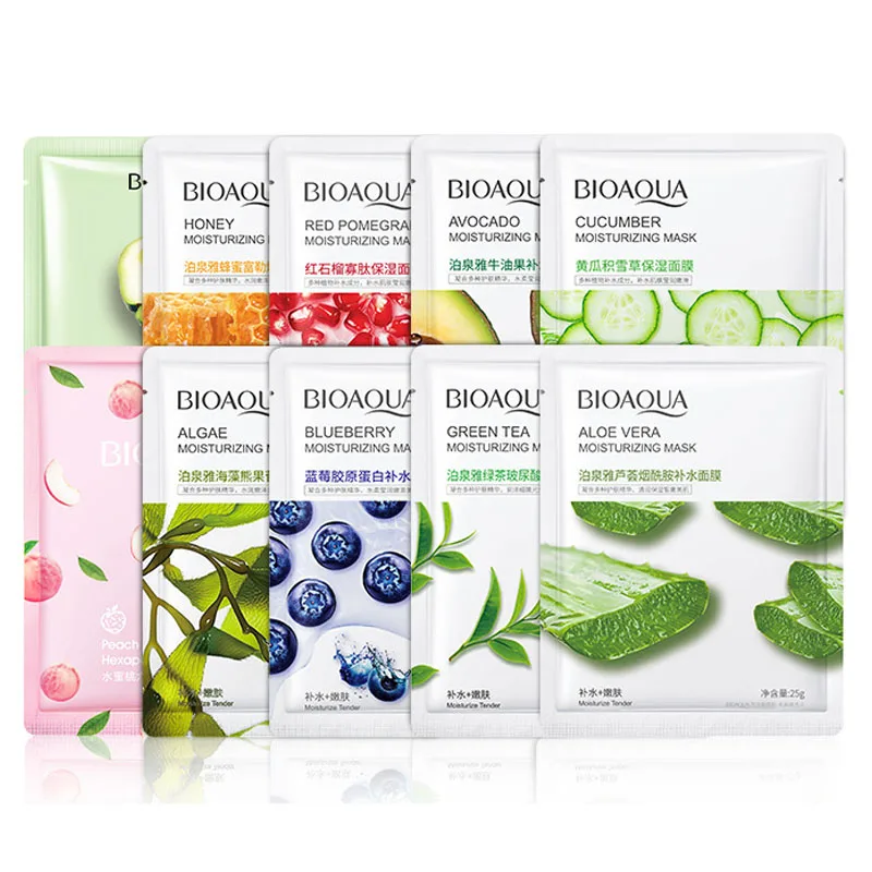 10pcs BIOAQUA Fresh Fruits Face Masks Centella Cucumber Aloe Vera Facial Mask Moisturizing Hydrating Facial Skin Care for Beauty