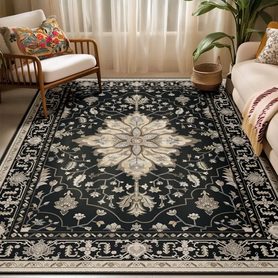 

Rugs 5x7 Washable NonSlip, Floral Vintage Distress Print Pattern Medallion Carpet for Living Room Bedroom Dining Room, Black Bro