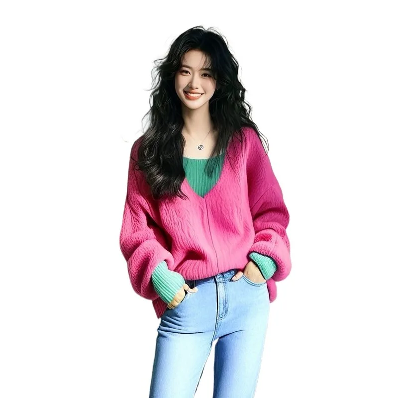 

Lazy Foreign Fake Two-piece Knitted Sweater Autumn New Women's Clothing Ins Fashion Versatile Pullover Color Contrast Makes Coat