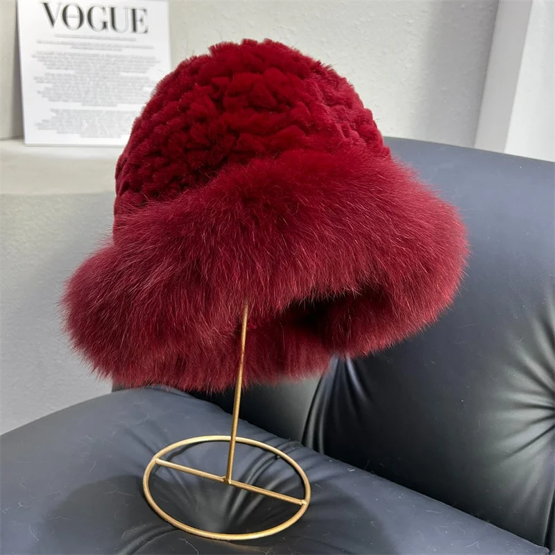 Winter Warm Fluffy Fur Straw Hat Lady Rex Rabbit Fur Fox Fur Edged Fisherman Hat Luxury Fashion Soft Plush Ear Protection Hat