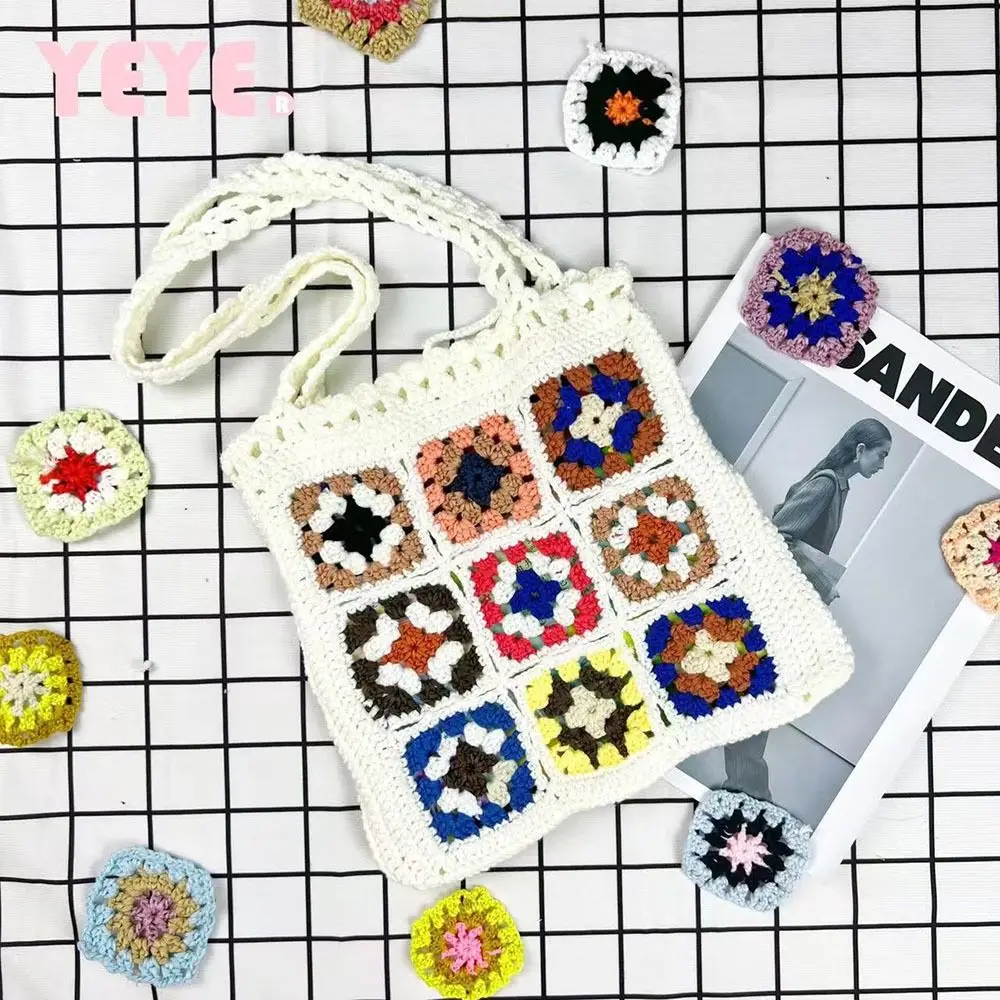 Handmade Crochet Weaving Grandmother Grid Shoulder Bag Leisure Mixed Color Flower Block Fashion Shoulder Bag