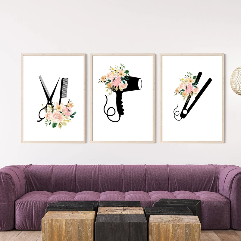 Hair Brush Hairdryer Hair Cutting Scissors Salon Barber Poster Canvas Painting Wall Art Hair Picture for Living Room Home Decor