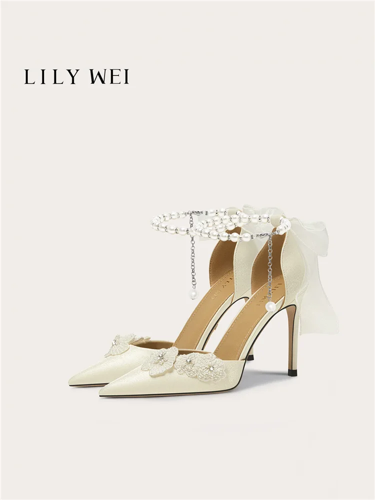 

Summer pointed-toe ribbon bowknot pearl satin wedding shoes banquet large size small size wide version high-heeled women sandals