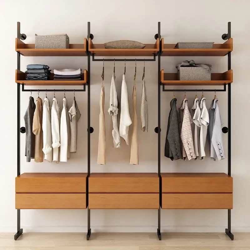 Open wardrobe cloakroom wall-mounted solid wood metal full-hanging walk-in wall-mounted wardrobe wrought iron coat rack