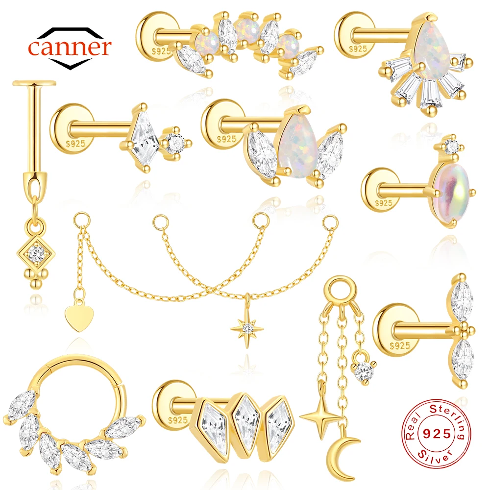CANNER 1PC Octagonal Star Long Chain Cartilage Chain Perforated Earrings For Women Ins Star Moon Horse Eye Zircon Earrings