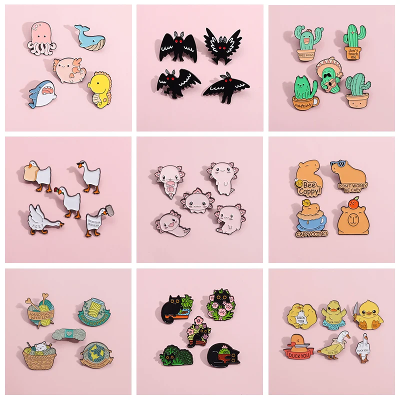 3-10pcs/set Cartoon Animal Enamel Pins Cute Frog Duck Cat Moth Birds Capybara Brooches Lapel Badge Jewelry Gifts For Kids Friend