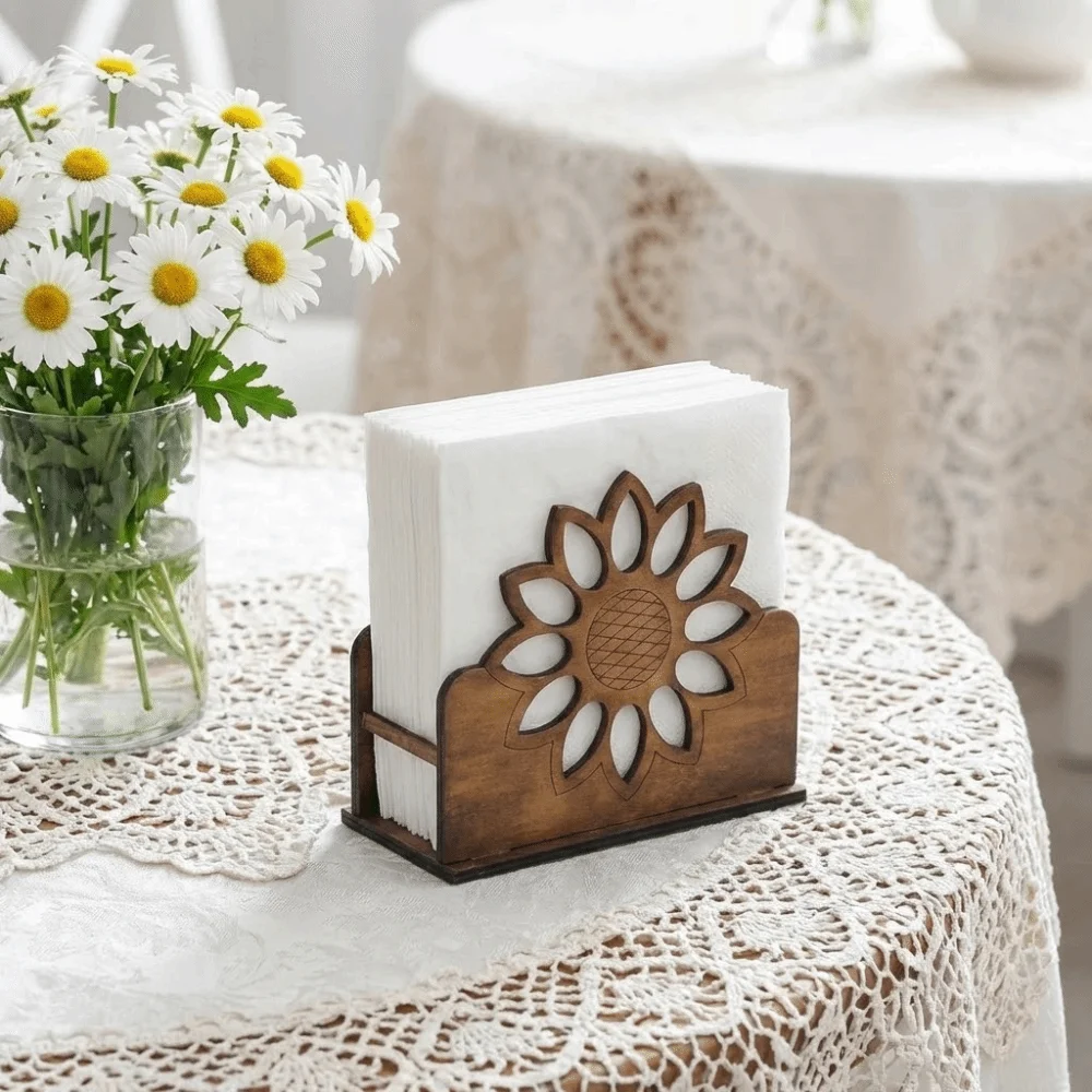 Wooden Material Wooden Napkin Holder Retro Style Tabletop Decor Sunflower Napkin Holder Storage Box Sunflower Design
