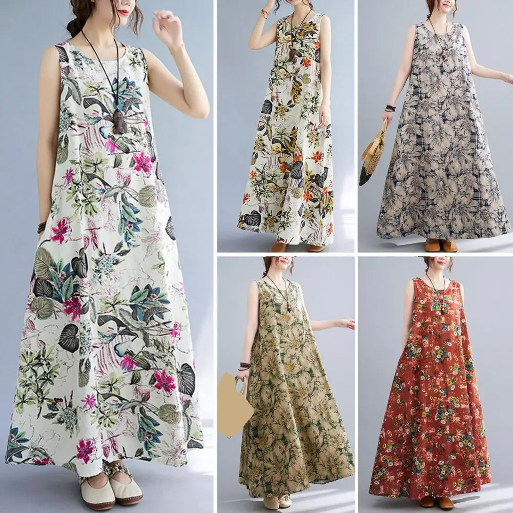 2024 Summer Long Dress Women's Loose Round Neck Thin Cotton Silk Flower Large Hem Sleeveless Tank Top Dress