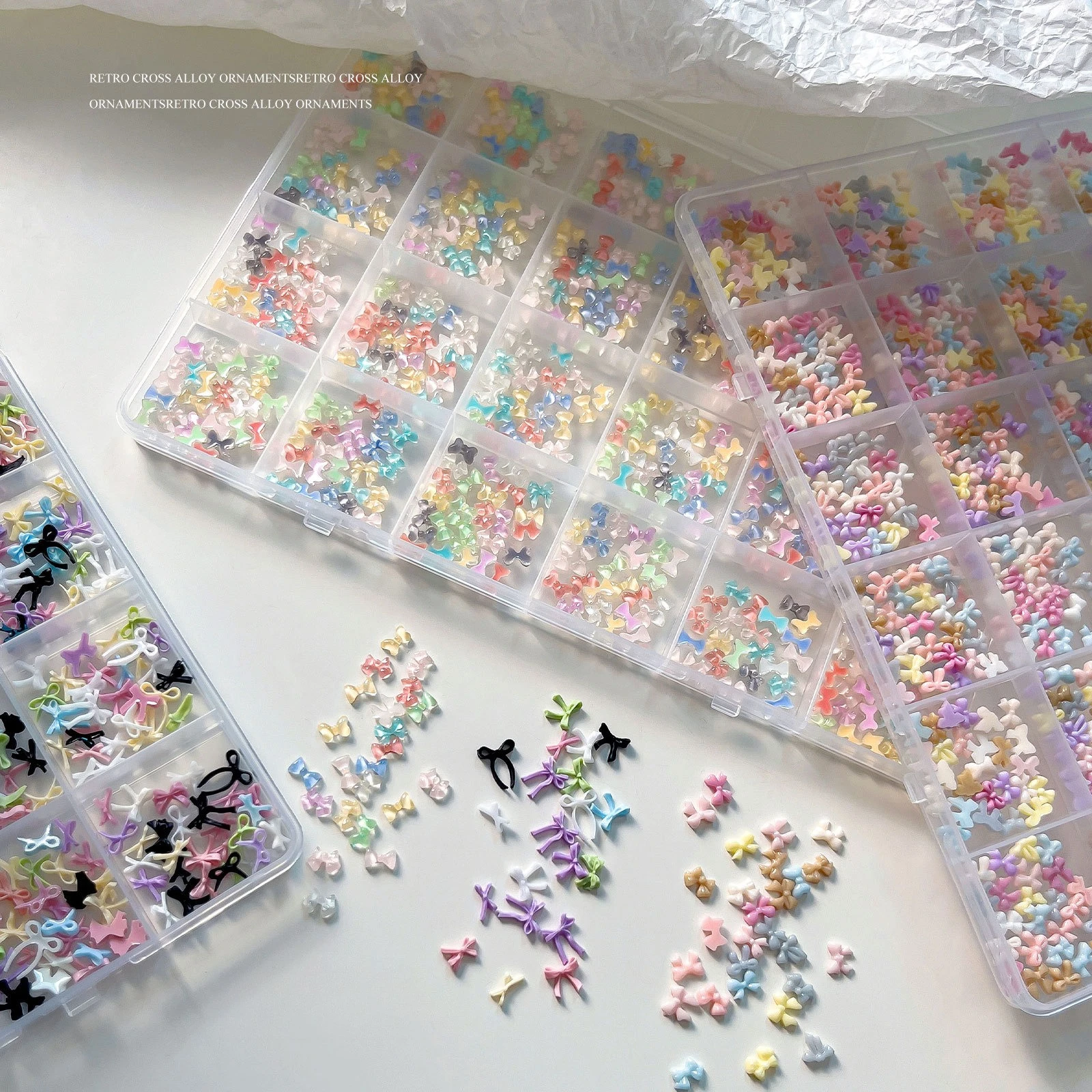 600 Pcs Mixed Butterfly Tie Nail Accessories Macaron Color Japanese Resin 24 Grids Nail Art Manicure Kit