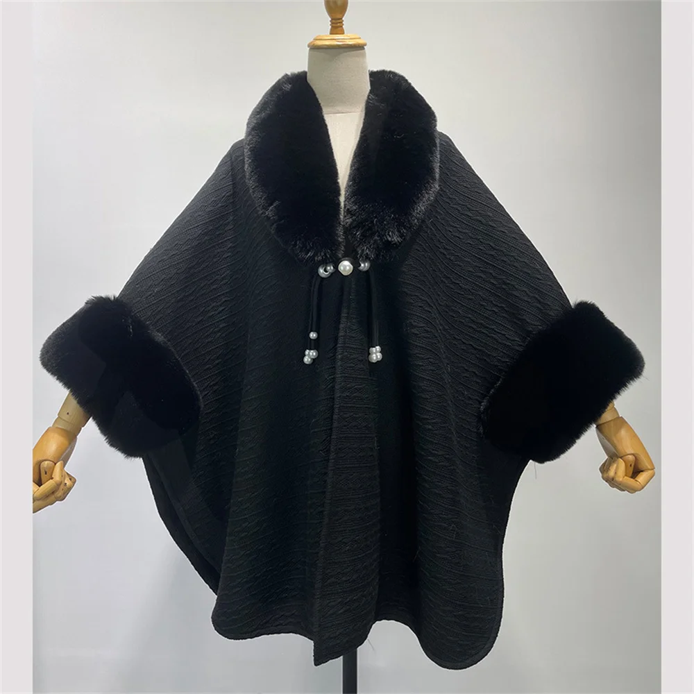 

2024 Big Faux Fur Circle Collar Cloak Women Party Coat Long Winter Thick Knitted Batwing Sleeves Cape Loose Bandage Overcoat