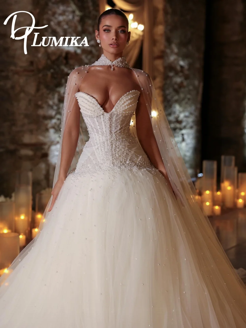 Romantic Sweetheart Pearl Beaded Ball Gown Wedding Dress 2026 Luxury Beaded Cape Cathedral Train Bridal Gown Vestidos De Novia