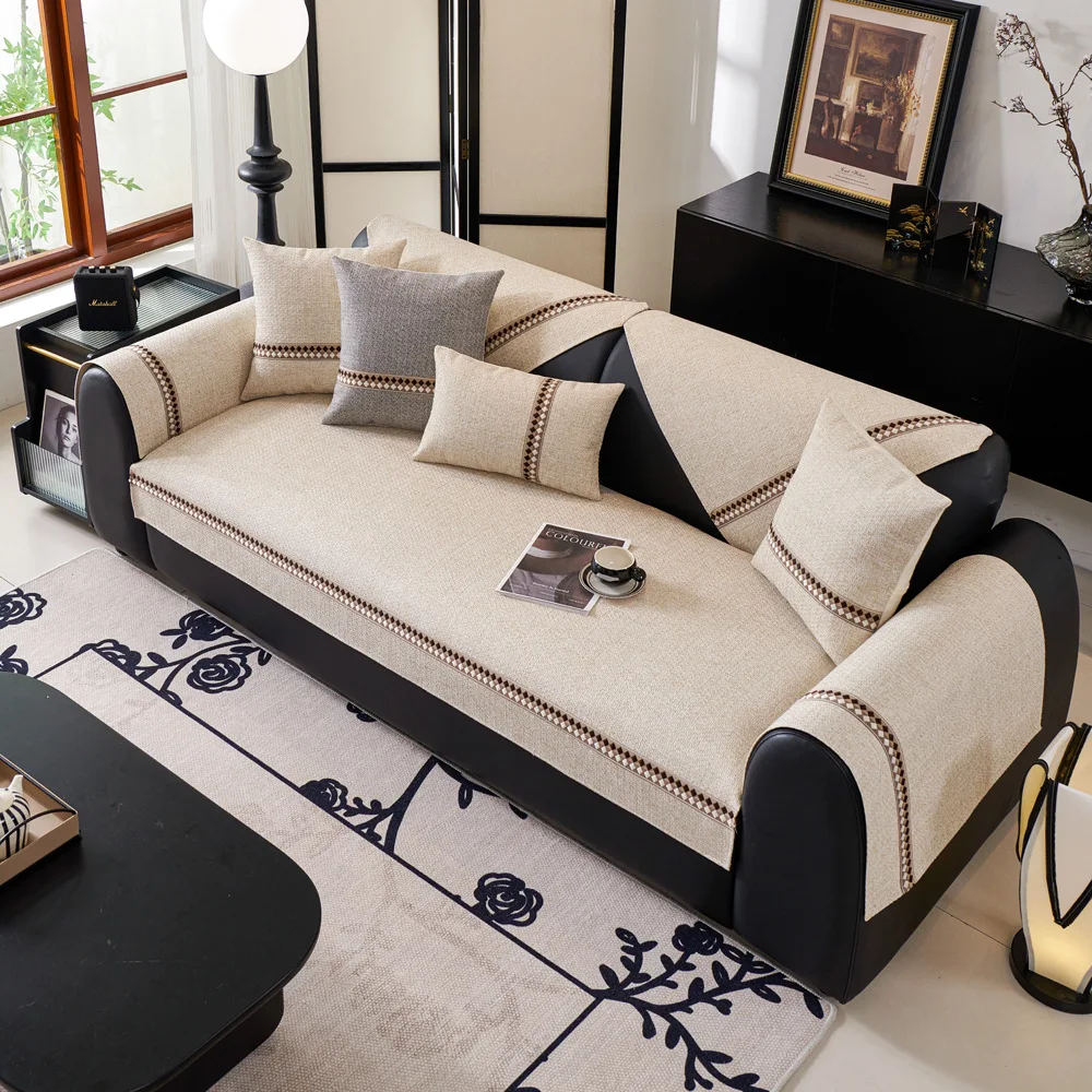 Four Seasons Universal Chenille Sofa Cover Sofa Pad Solid Color Striped Sofa Mat for Living Room Non-Slip L Shaped Couch Cushion
