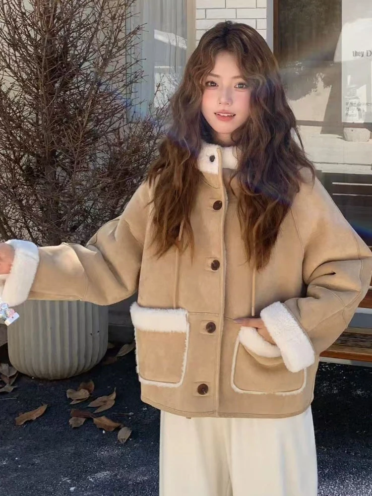 

Autumn 2025 Korean Style Chic Coat Women Retro Design Elegant Button Hooded Jacket Winter New Fashion Patchwork Warm Outerwear