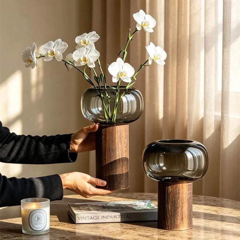 Thin Wooden Stand Glass Blossom Container, Unadorned Flower Receptacle with Upscale Vibe, Chic Desktop Furnishing Piece