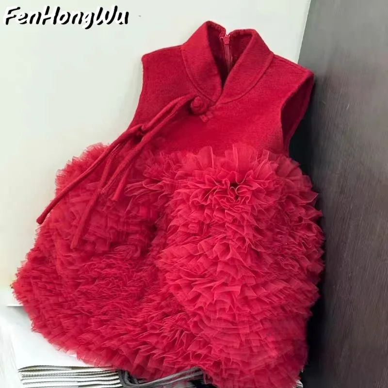 

Girls' New Year Outfit2025New Children's Dress National Style Button Woolen Mesh Princess Dress