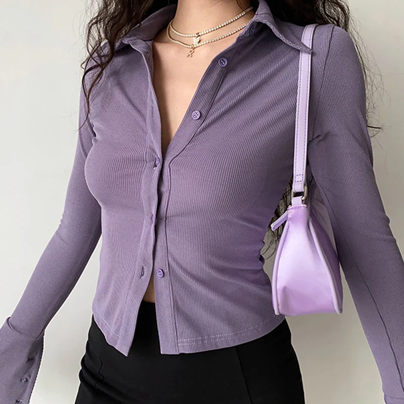 Shirts Polo Turn Down Collar Flared Long Sleeve Blouses And Shirts Women Vintage Elegant Y2k Button Spring Autumn Tops Cardigan