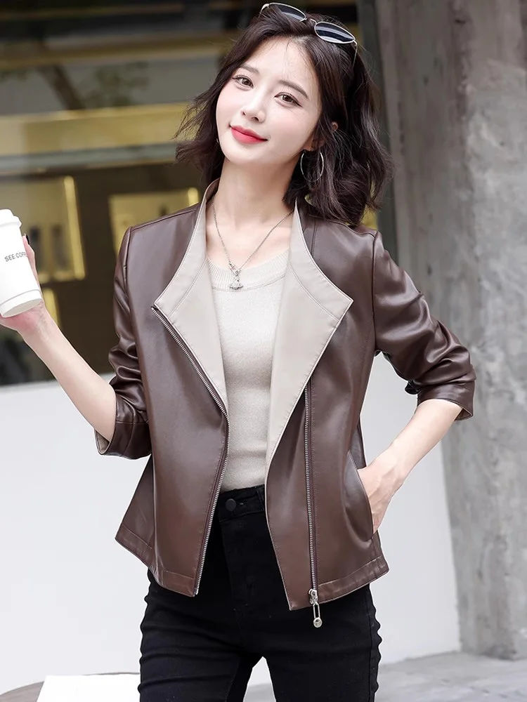 New Women Spring Autumn Motorcycle Leather Jacket Fashion Chic Zipper Collar Slim Split Leather Coat Casual Biker Jacket