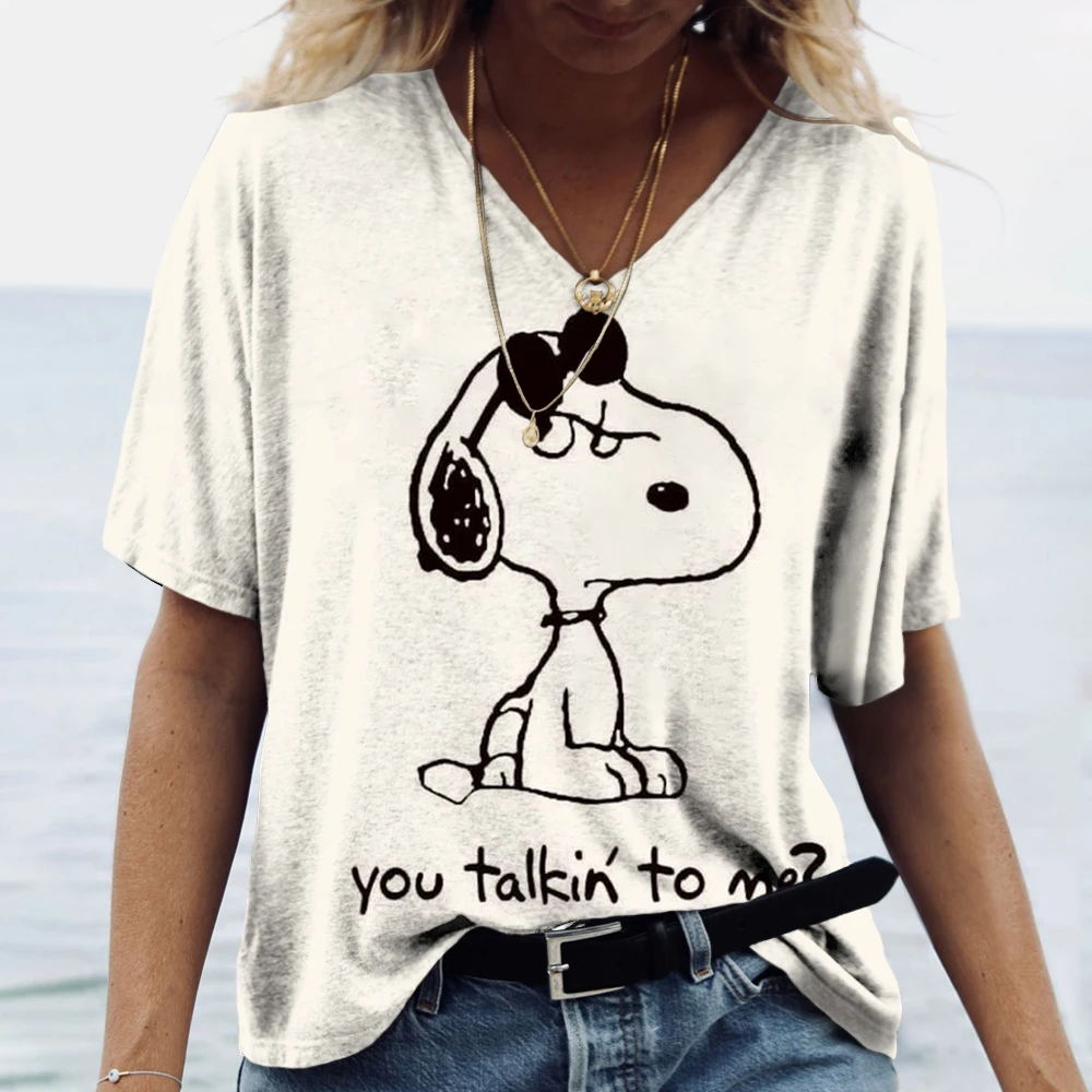 Vintage Snoopy cartoon print Shirt Graphic Print T-shirts Women Short Sleeve V Neck Top Tees Funny Women Tshirt large size