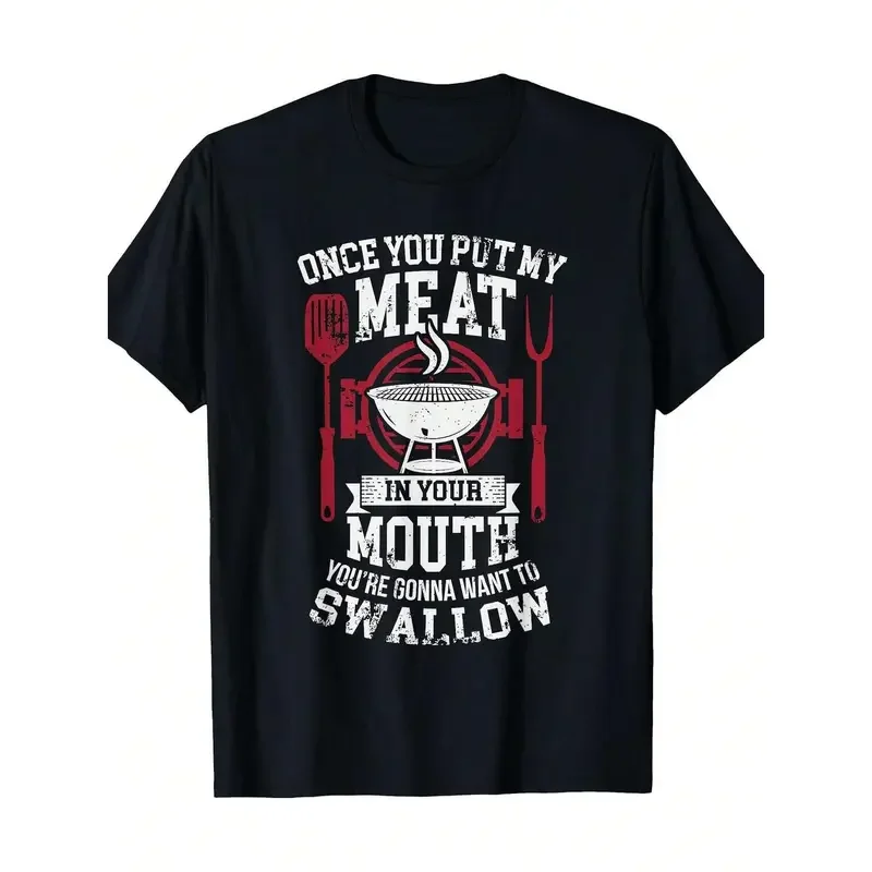 Men's 220g 100% Cotton Funny Sarcastic BBQ Cartoon Graphic Lettering T-Shirt - Short-Sleeve, Round Neck, Knitted, Breathable, Medium Elastic, Plant Print, Regular Fit, Small, Summer Top