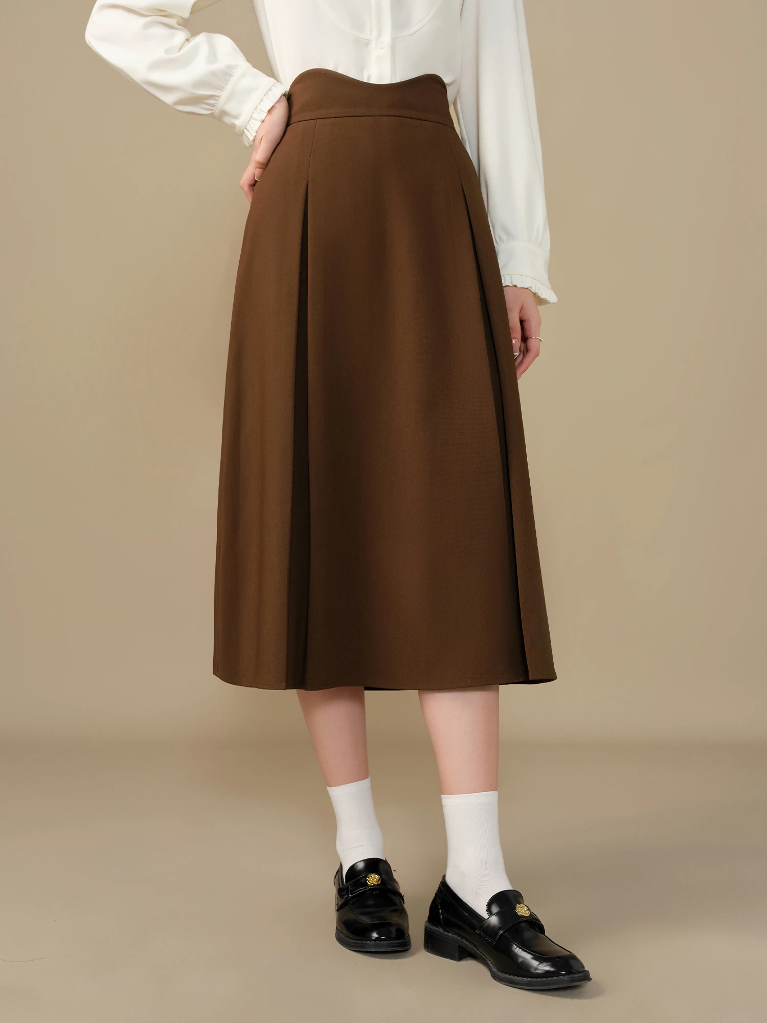 DUSHU Women Long A-LINE Skirts Side Zipper Waist Winter Black Pleated Design Female Skirt Office Lady Brown Bottoms 24DS84313