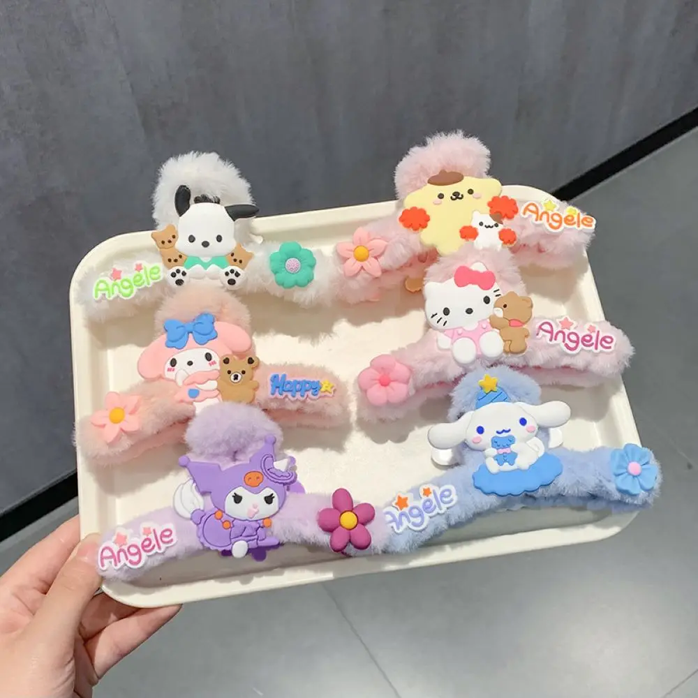 Anime Figure Kitty Cat Hairpin Cinnamoroll Cute Cartoon Kuromi Melody Silicone Badge Plush Hair Clip Xmas Hair Accessories