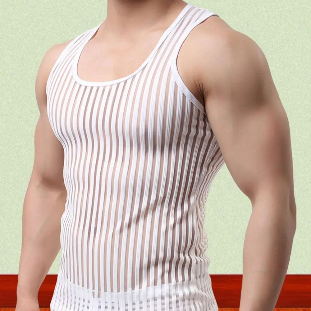 Summer Men Undershirt Trendy Sports Vest Striped Shirt Elastic Mesh Yarn Tees Bottoming Shirt 3D Cutting Fitness Vest Streetwear