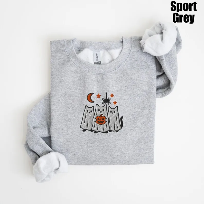 Halloween Ghost Kitten Sweatshirt Pullover Retro Vintage Sweatshirt Graphic Hoodies Y2K Casual Daily Wear Unisex  Pullover