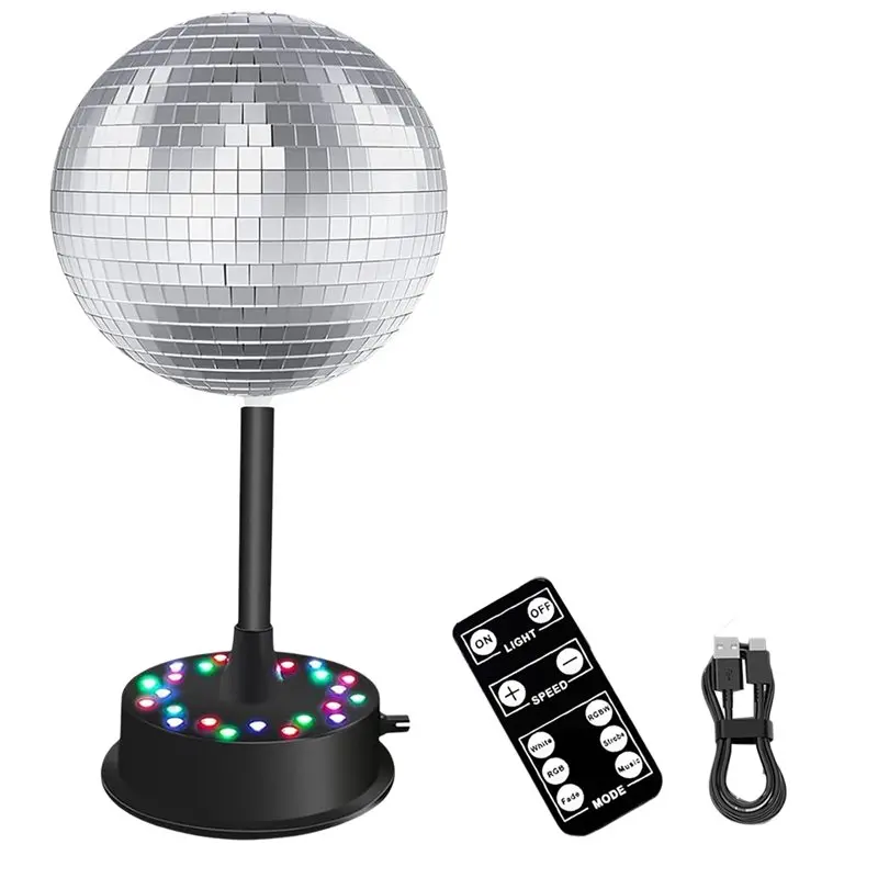 HRBAJ-Rotating Motor 23 LED Adjustable Mirrors Ball Light With Remote, 6-Inch Silver Mirror Ball For Home Decor