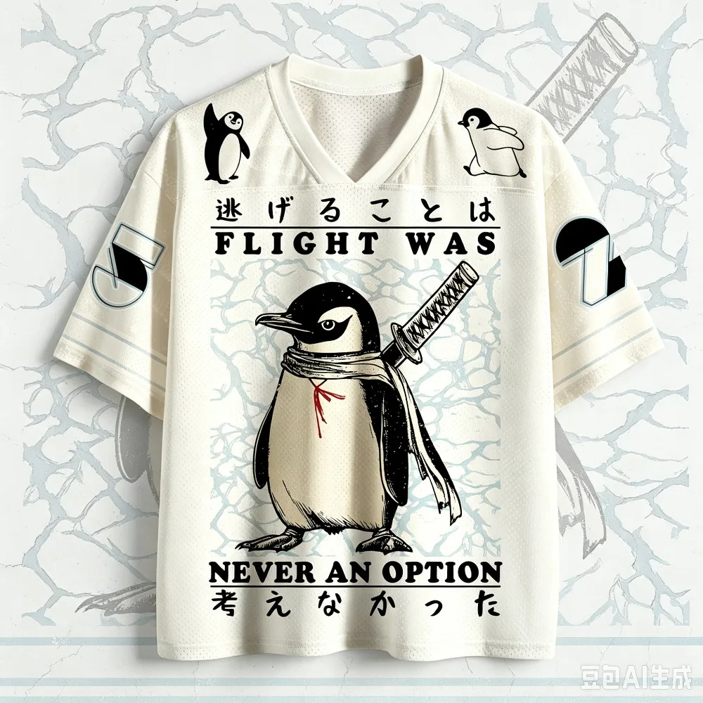 Japanischer Stil Lustiger Krieger-Pinguin 3D-Druck Schnelltrocknendes Sport-T-Shirt für Männer und Frauen mit V-Ausschnitt, Modische Streetwear für Eltern und Kinder – Detail 4