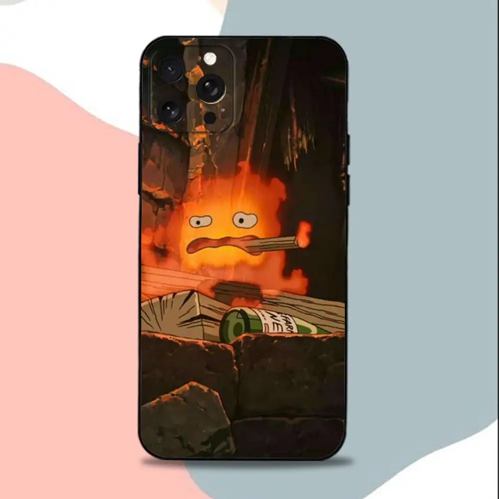 F-Fire C-Calcifer 可愛いスマホケース iPhone 15、13、16、12、11、17、14、Plus、Pro、Max、XS、XR、X、SE、Mini対応 ソフトシリコン製 ブラックカバー