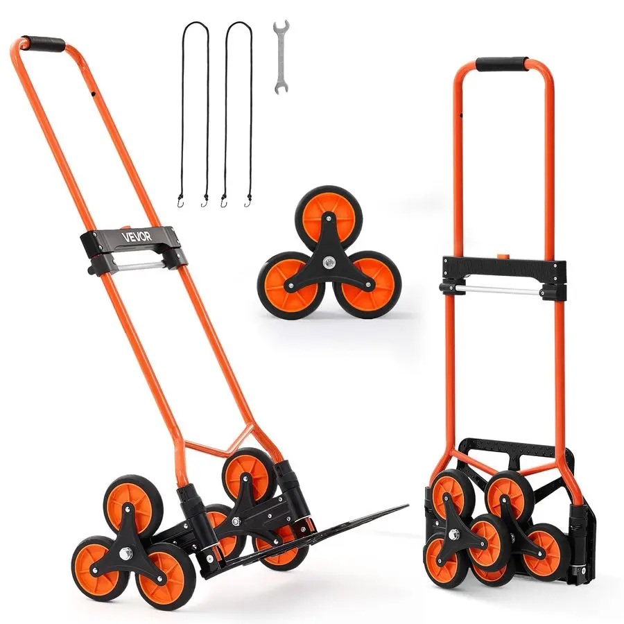 

Тележка для подъема по лестнице, грузоподъемность 260 фунтов, портативная складная алюминиевая тележка-платформа для лестниц с телескопической ручкой, 6 бесшумных колес и 2 ремня