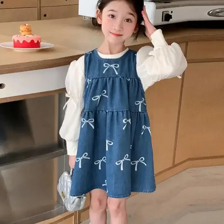 

Новые осенние модные комплекты для маленьких девочек, топ с рукавами-фонариками + джинсовый жилет с бантом, платье принцессы, элегантные костюмы, От 2 до 7 лет