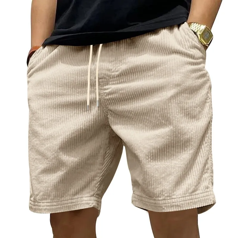 Corduroy Beach Shorts Men's Loose Straight Cut Five-Quarter Length Summer Casual Shorts City Walk Suitable for All Seasons