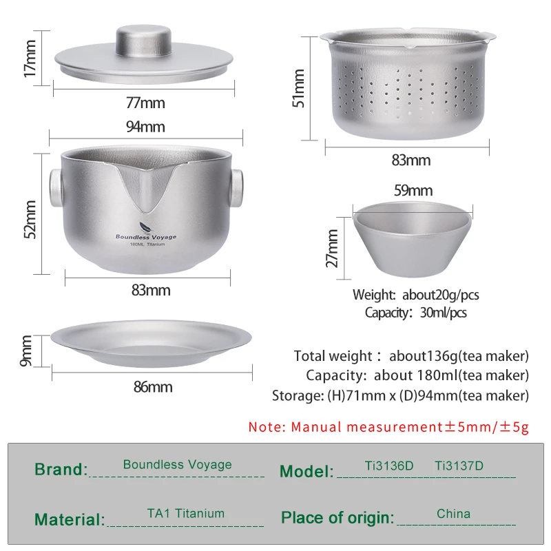 Grenzenlose Reise Titan Gaiwan Teekanne Tassen Doppels chicht Tee maschine mit Deckel & Filter ultraleichte Kung Fu Tee Set stapelbare Tassen – Detail 2