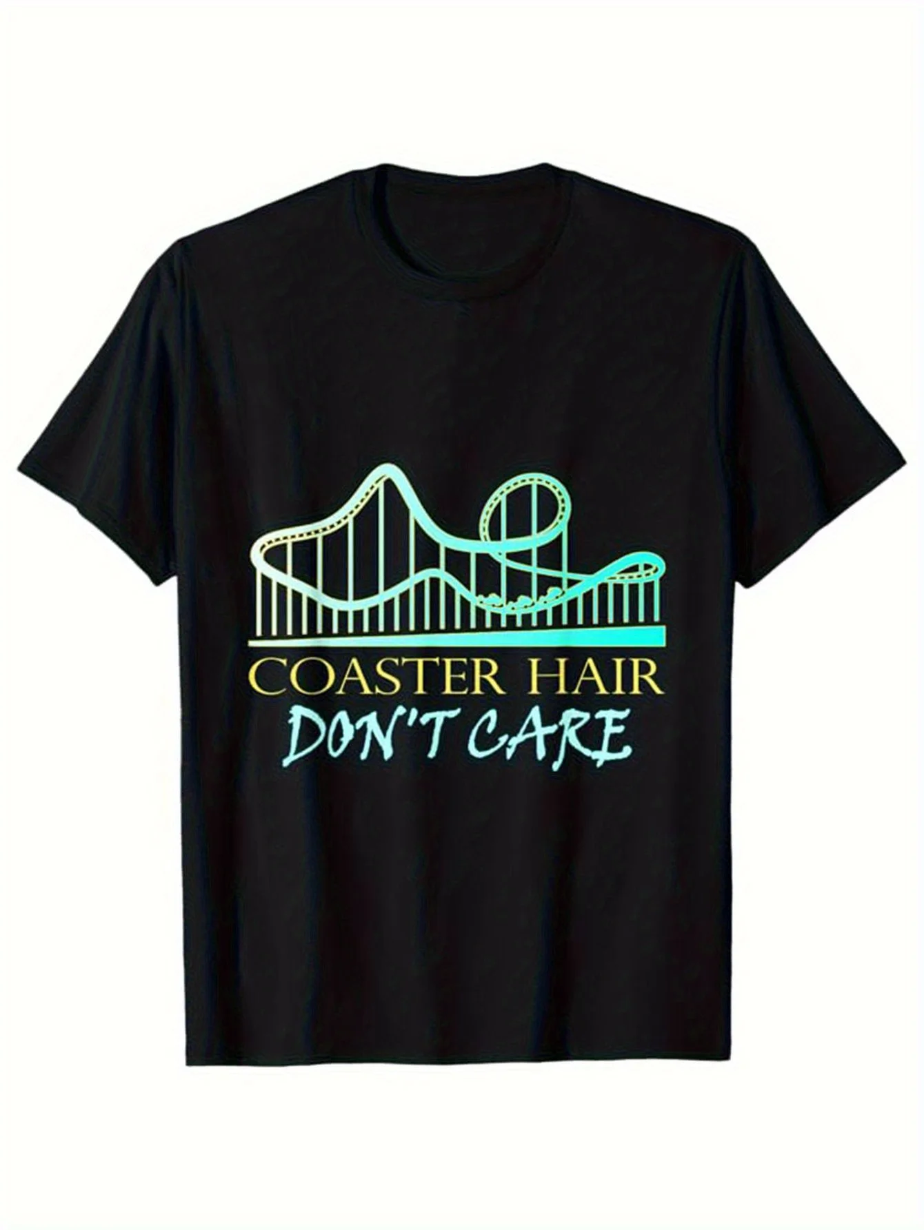 

Men'S Cotton Roller Coaster Graphic T-Shirt - Coaster Hair Don't Care Design, Casual Short Sleeve Round Neck Tee, Black with Blu