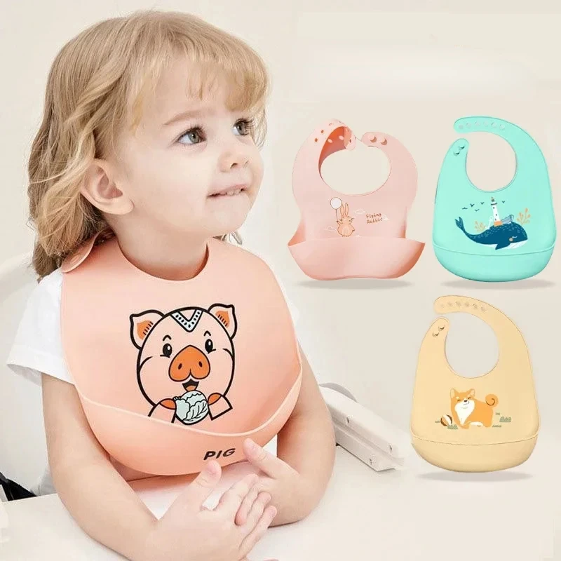 

2024 Cute Baby Bibs Waterproof Silicone Bib Infant Toddler Feeding Saliva Towel Cartoon Adjustable Children Apron with Pocket