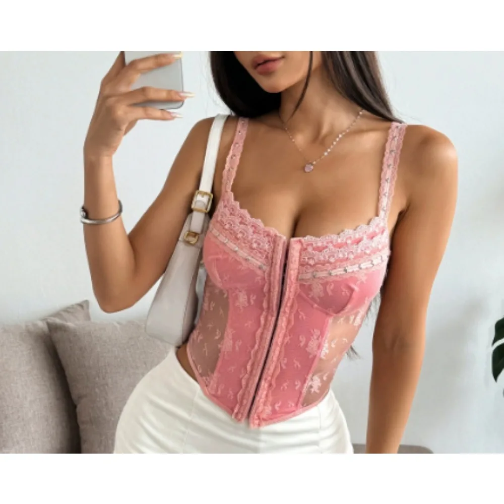 Chic Retro lace PATCHWORK Camis French Fashion Tank Top Slim  Crop Top Sexy  Women Summer Tops Ins